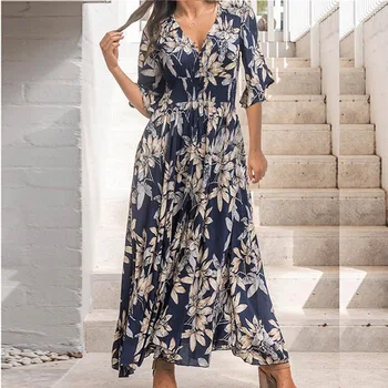 Blossomora Novo Cvjetnim Tiskanja Elegantno Obleko Maxi Priložnostne Proti-vrat Kratek Rokav Vintage Elegantna Dolga Obleka Poletje Vestidos za Ženske 2022