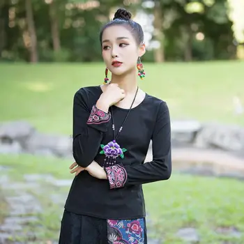 2022 kitajski državni vrhovi ženske letnik cvet vezenje t-shirt nacionalni o-neck športno majico orientalski čaj storitev hanfu majica