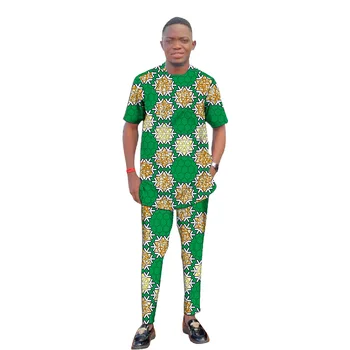 Afriška Oblačila za Moške Nastavite Kratek Rokav Vrhovi Z Hlač Nigerijski Moda Ženina Obleke, Moške Poročne Obleke