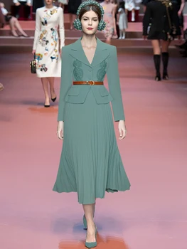 Modni oblikovalec Pomlad Novo Visoko Kakovostne Ženske Stranka Priložnostne Letnik Elegantno Obleko Mozaik Vezene Naguban Midi Obleko