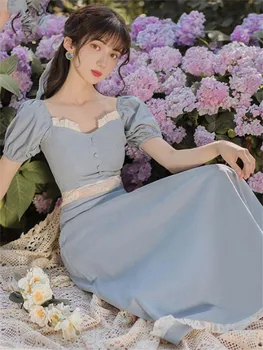 Vintage Kvadratnih Vratu Puff Rokav francoski Obleko Izrezanka Slim Mori Girl-line Obleko Kratek Sleeve Solid Color Obleko Pomlad Poletje Nova